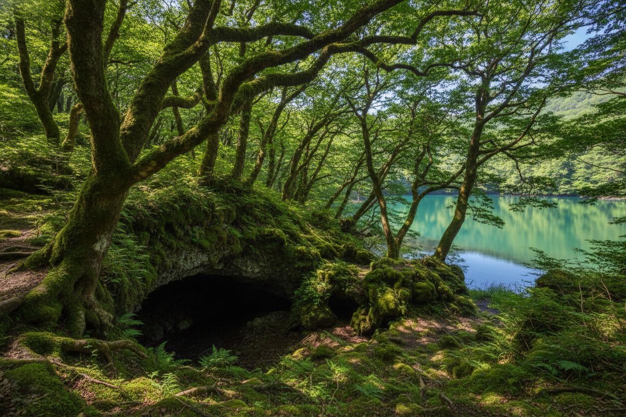 Aokigahara forest edge at Lake Saiko with moss-covered trees
