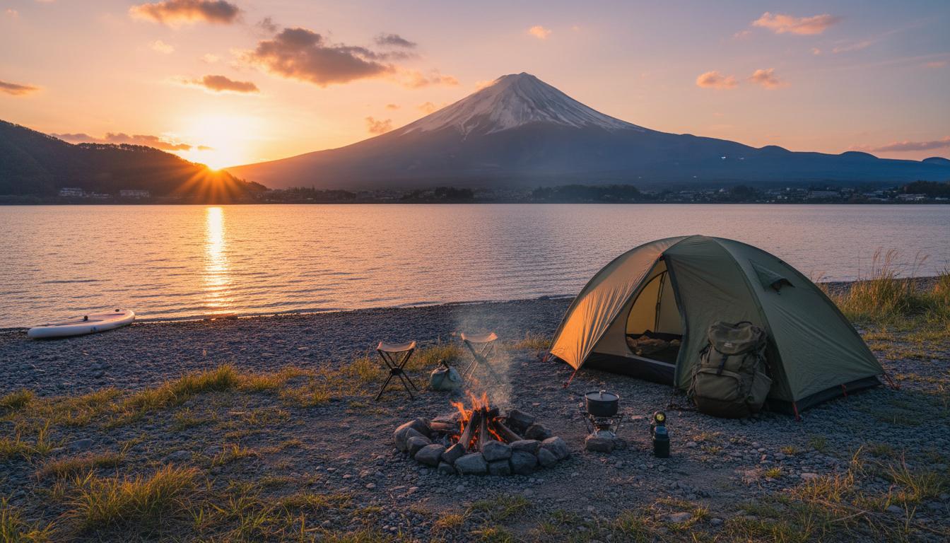 Camping tent by lake with Mount Fuji at sunset