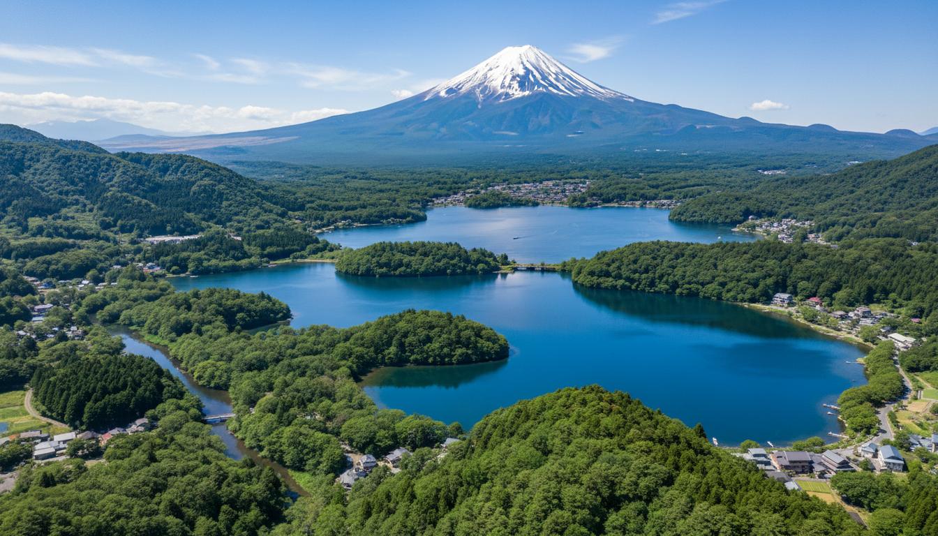 Aerial view of Fuji Five Lakes region with Mount Fuji in background