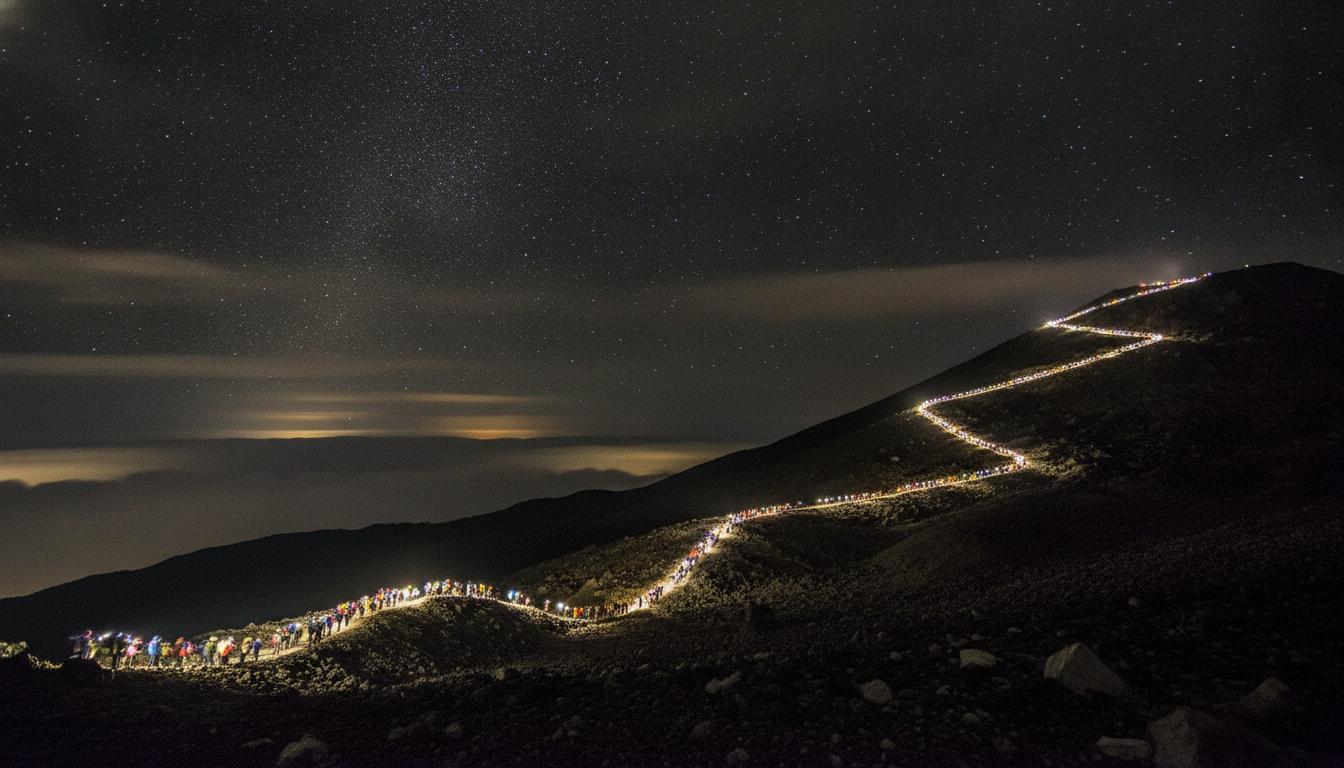 Long line of headlamps on Mount Fuji trail at night