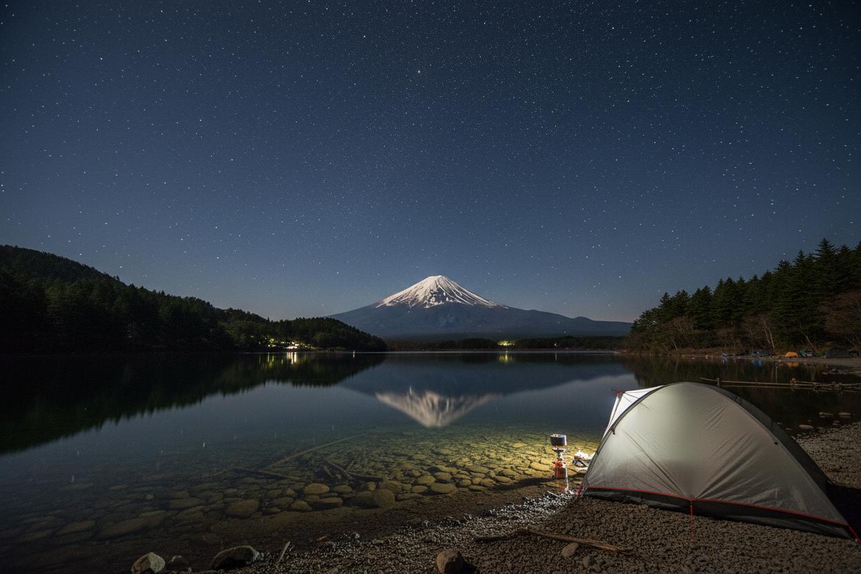 Lake Motosu at night with tent and stars over Mount Fuji