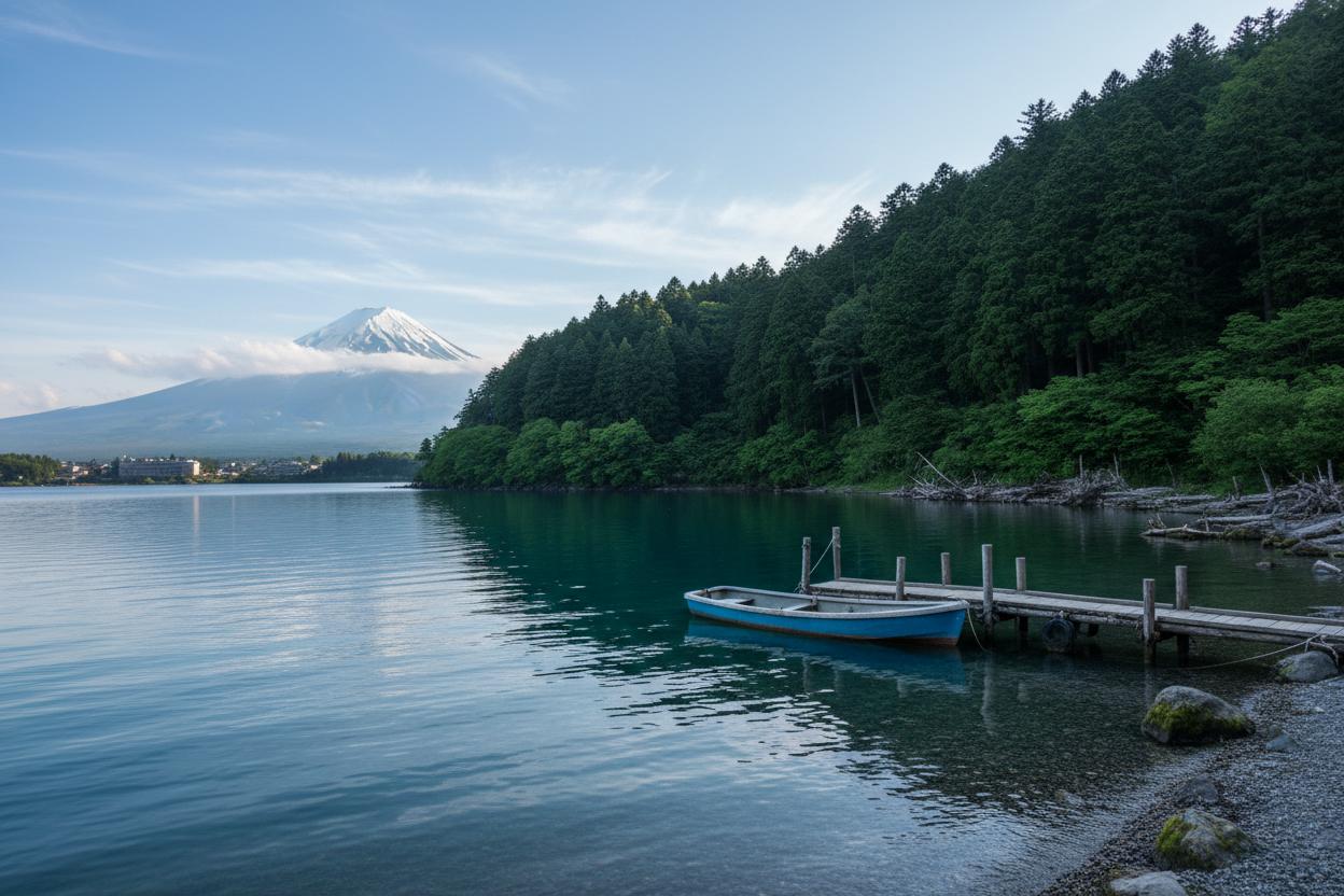 Lake Saiko with Aokigahara forest edge and small boat at dock
