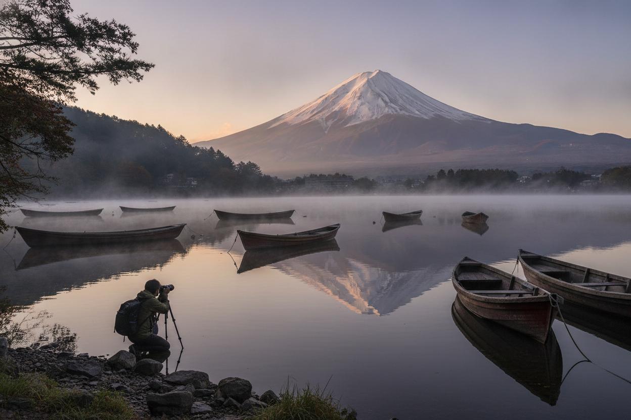 Lake Shoji at dawn with fishing boats and Mount Fuji reflection