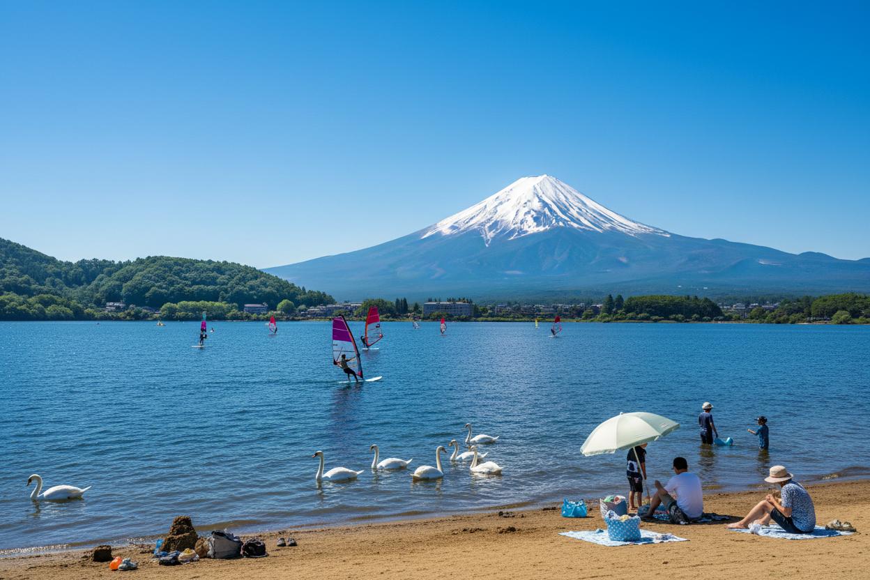 Lake Yamanaka with swans, windsurfers, and families on beach