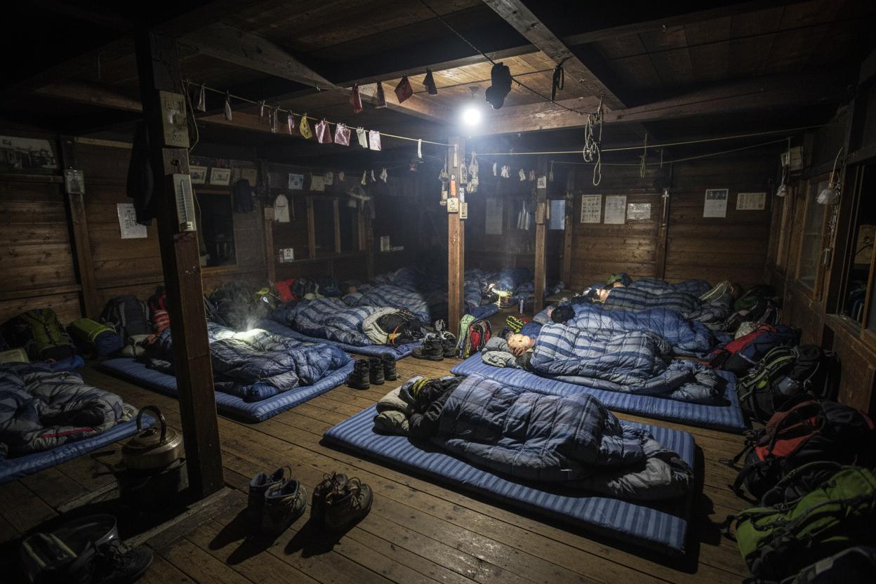 Interior of a Mount Fuji mountain hut with climbers on futons