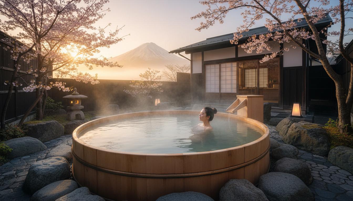 Outdoor onsen bath with Mount Fuji view at sunset